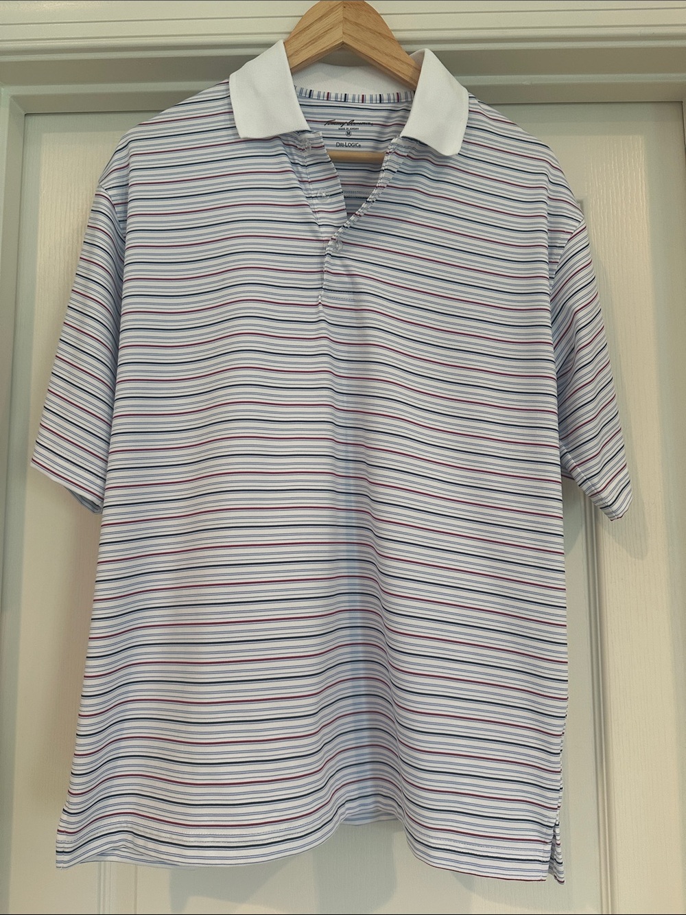 Men's Tommy Armour Dri-Logic Polo Shirt - White with Blue & Red Stripes